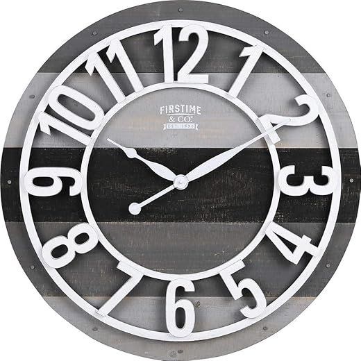 FirsTime & Co. Gray Shabby Planks Wall Clock, Large Vintage Decor for Living Room, Home Office, Round, Wood, Farmhouse, 27 inches