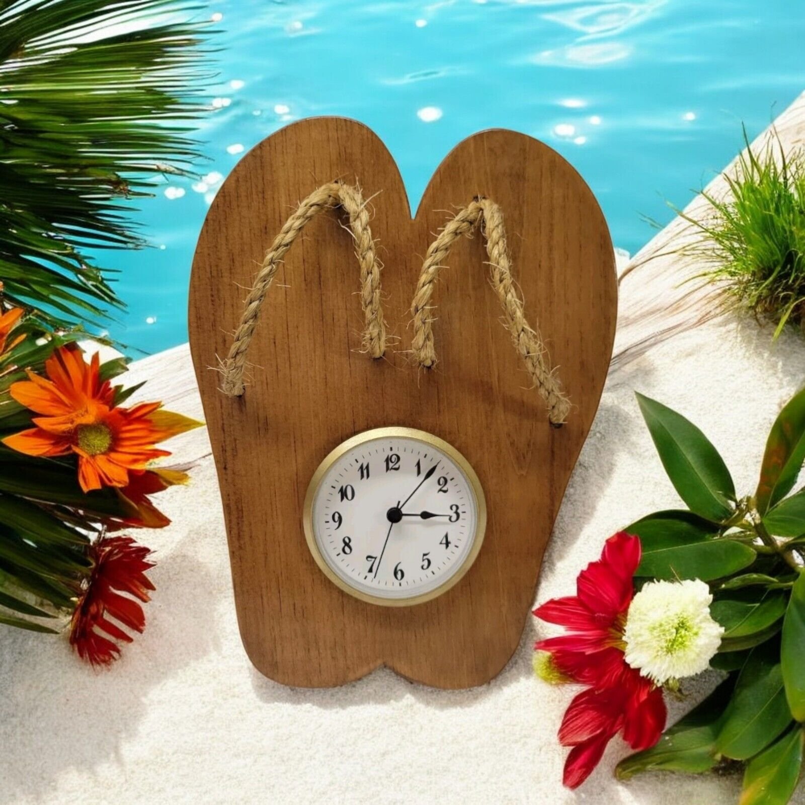 Flip Flops Wooden Clock Twine Straps Quartz Battery 11 x 8 " Beach House Cabin photo Flip Flops Wooden Clock Twine Straps Quartz Battery 11 x 8 " Beach House Cabin photo