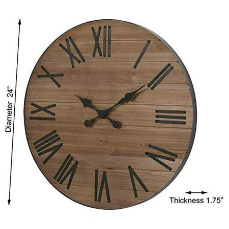 FLORA Large Wall Clock Silent Decor, 24 Inches Round Wooden Wall Clocks with Roman Numerals for Living Room Home Office Kitchen