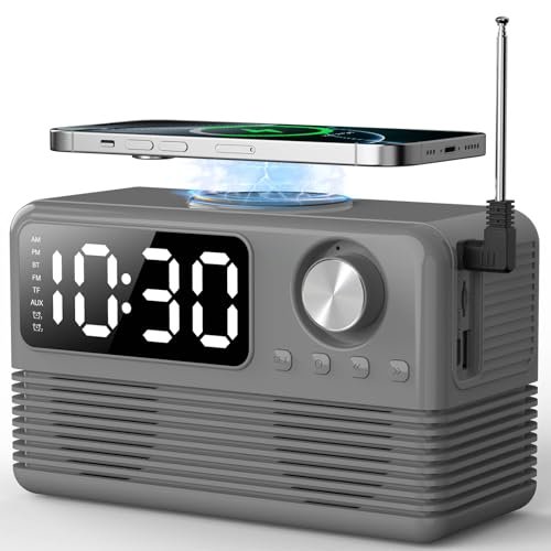 FlyShow 15W Fast Wireless Charger with Bluetooth Speaker and Alarm Clock Radio,4 in1 Wireless Charging Station for iPhone,Android Phones with FM Radio for Bedroom
