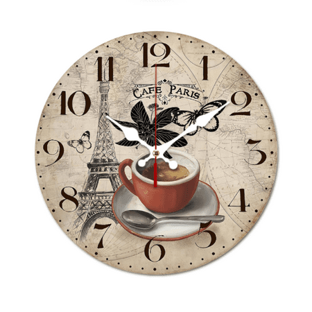 French Retro Paris Eiffel Tower Coffee Cup Wooden Wall Clock Living Room Bedroom Kitchen Home Decoration Wall Clock Silent Quartz Clock Holiday Gift 10 inch (Without Batteries)