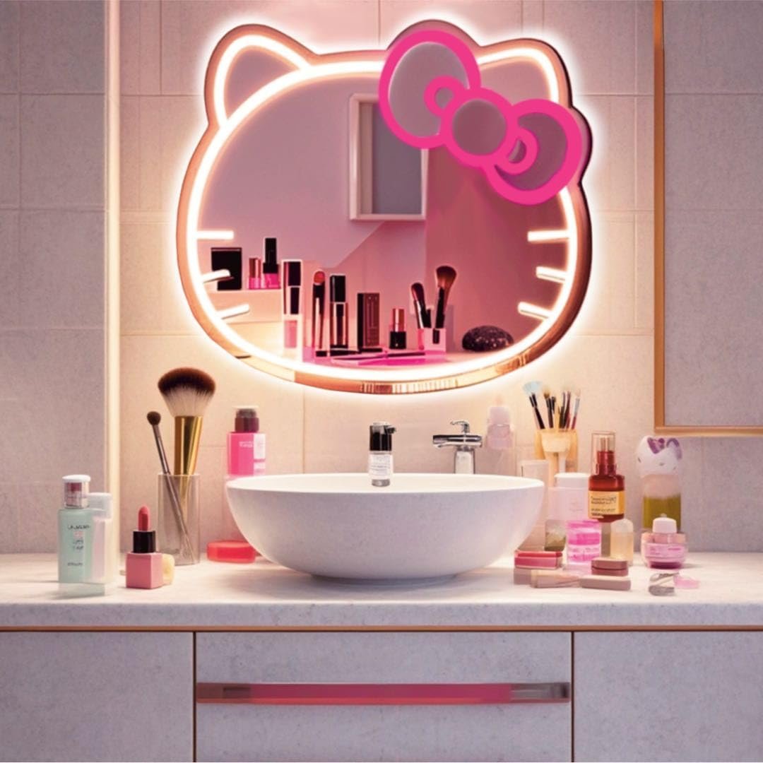 GALLIA Anime Hello Kit Mirror Vanity,Neon Mirror with Dimmable for Teen Girl Gift,Neon Sign Stuff Room Decor,Makeup Mirror neon Sign Room Decor,