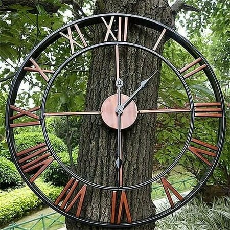 Gealach 16 inch Antique Black Metal Wall Clock, Roman Numerals, Waterproof, Large, Outdoor/Indoor, Battery-Powered, Retro Art, 16 inch Diameter