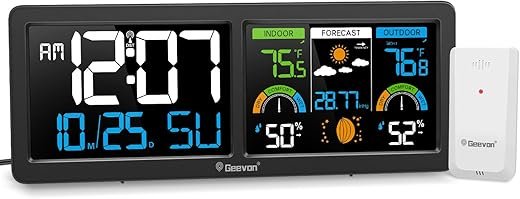 Geevon Weather Stations Wireless Indoor Outdoor Thermometer with Atomic Clock, HD Color Display Digital Temperature Humidity Monitor with Barometer, Comfort Indicator, and Adjustable Backlight