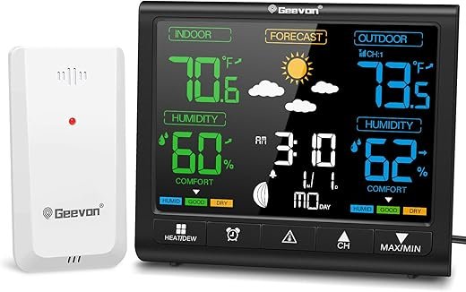 Geevon Weather Station Wireless Indoor Outdoor Thermometer, Color VA Display Digital Temperature Humidity Monitor with Time, Alarm Clock, Comfort Indicator, Adjustable Backlight
