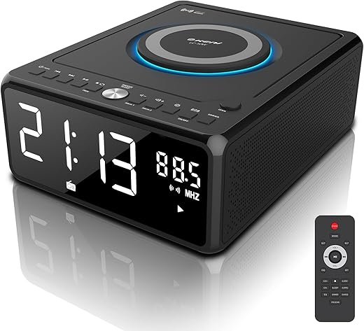 Gelielim CD Player Alarm Clock Radio Boombox with Remote, Bluetooth CD Players for Home, 10W Fast Wireless Charging,FM Radio CD Player, Support AUX/USB/Timer/Dimmer/Auto Time Setting, Large LCD