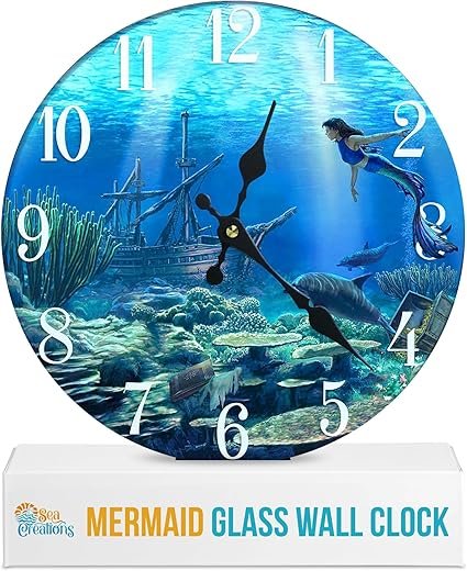 Glass Wall Clock 13 - Coastal, Nautical, and Beach Themed | Decorative Timepiece | Home Decor for Living Room, Bedroom, or Beach House | Mermaid