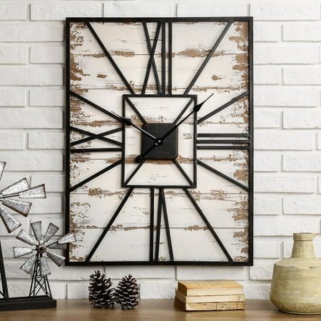 Glitzhome 31.5 inches Oversized Distressed Wood Wall Art Metal Frame Silent Non Ticking Clock Farmhouse Physical Dial Wall Clock