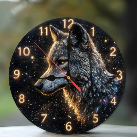 Glowing Wolf Clock Wall Art Home Decor 10-Inch Silent Wooden Wall Clock, Battery Operated (AA Batteries Not Included), Artistic Home Decor