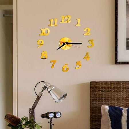 GOOHOCHY Frameless DIY Wall Clock Numbers Adhesive Modern Art Wall Clock Silent 3D Acrylic Sticker Home Decorations for Living Room Bedroom - Golden ( -009)