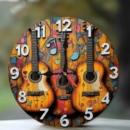 Guitar Music Wall Clock Colorful Acoustic Instrument 10-Inch Silent Wooden Wall Clock, Battery Operated (AA Batteries Not Included), Artistic Home Decor