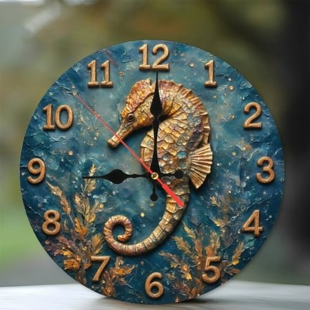 Handpainted Sea Horse Wall Clock Unique Home Decor Gift 10-Inch Silent Wooden Wall Clock, Battery Operated (AA Batteries Not Included), Artistic Home Decor
