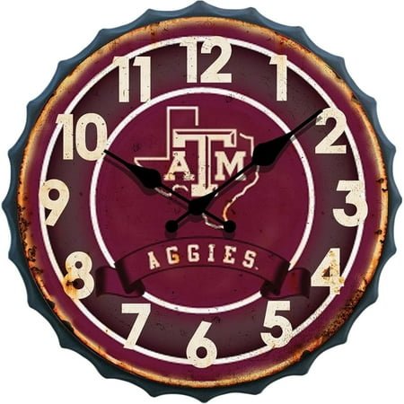 Hanna's Handiworks Texas A&M University Bottle Cap Clock Distressed Vintage Metal Aggies Wall Art – Represent Your NCAA College with TAMU Fan Décor