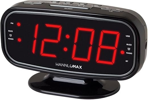HANNLOMAX HX-153CR PLL AM/FM Radio Alarm Clock, 1.8 LED Display, Bluetooth, Auto Time Sync with Bluetooth, USB Port and SD Card Slot for MP3 Playback, Hi-Lo Dimmer Control, AC Operation only (Black)