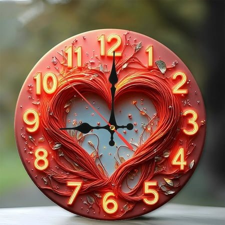 Heart Shaped Neon Clock Wall Decor 10-Inch Silent Wooden Wall Clock, Battery Operated (AA Batteries Not Included), Artistic Home Decor