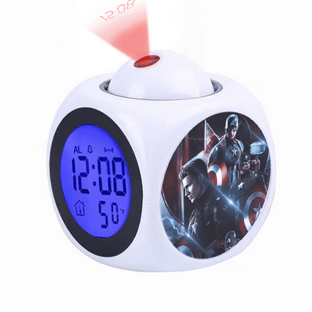 HEXNNHA Digital Alarm Clock, Cartoon Captain_America Pattern Rotatable Projection Clock With Voice Talking LED 12/24 HDigital Time Temperature, Small Desk Clock for Office Bedside, Creativity Gift