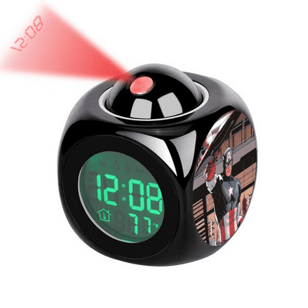 HEXNNHA Digital Alarm Clock, Cartoon Captain_America Pattern Rotatable Projection Clock With Voice Talking LED 12/24 HDigital Time Temperature, Small Desk Clock for Office Bedside, Creativity Gift