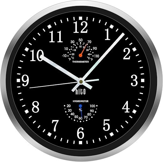 HITO 12 Inch Silent Wall Clock Battery Operated Non Ticking Glass Cover Silver Aluminum Frame, for Kitchen, Bedroom, Home Office, Living Room Decor (12 Black)