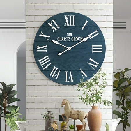 HLR 35.5” Farmhouse Large Shiplap Round Wall Clock with Roman Numeral for Living Room Decor, Navy Blue