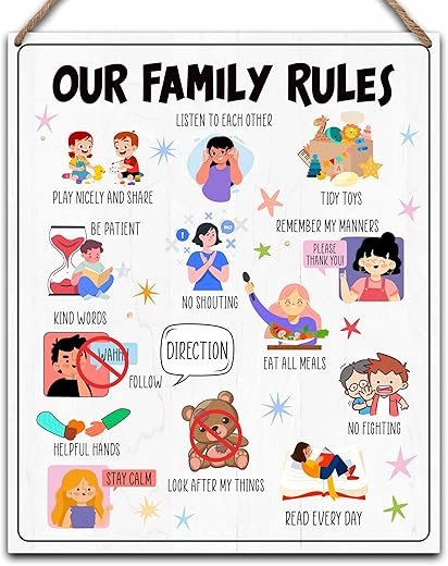 House Rules - Ready to Hanging Family Rules Wood Decor Sign - Home Wall Art Decor - Playroom Decorations for Toddler Bedroom Living Room - B01