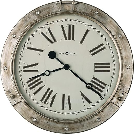 Howard Miller Chesney Gallery Wall Clock 625-719 – 28.25-Inch Diameter, Aged Silver Finished Frame, Metal Timepiece, Port Hole Design, Vintage Home Decor, Quartz Movement
