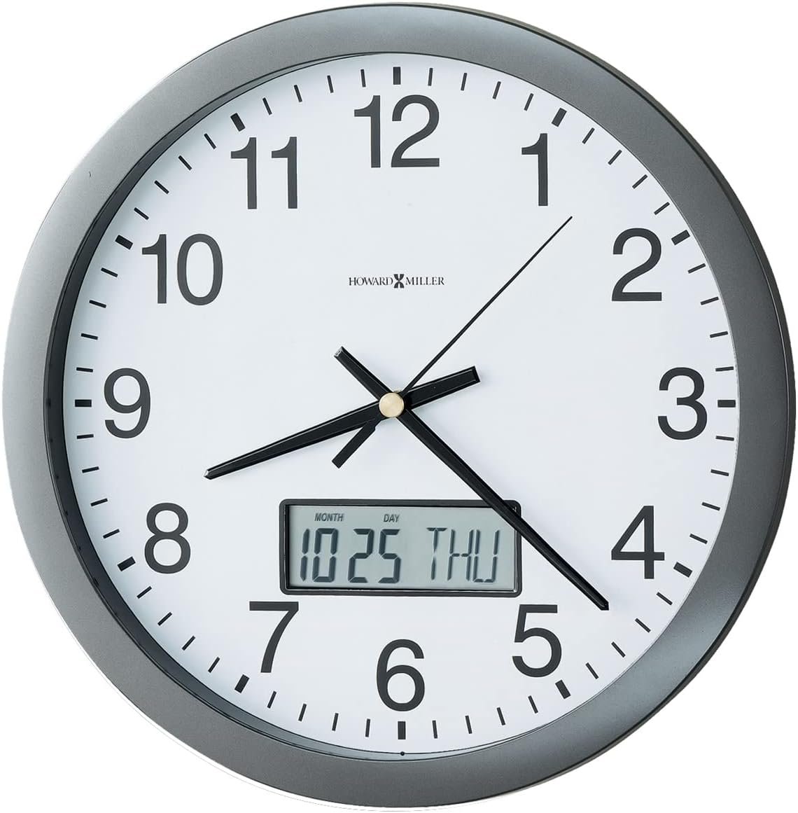 Howard Miller Chronicle Wall Clock, Grey Finishing LCD Calendar with Round Analog Dial & Arabic Numerals, Quartz Movement Wall Mount Perfect Timepiece for Home Decor, Living Room & Office