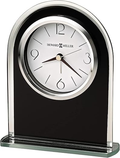 Howard Miller Ebony Luster Tabletop Clock - Battery-Operated Analog Desk Clock, Modern Shelf Timepiece Decorative Glass Crystal Alarm for Mantel and Fireplace - Living Room, Bedroom, and Office Decor