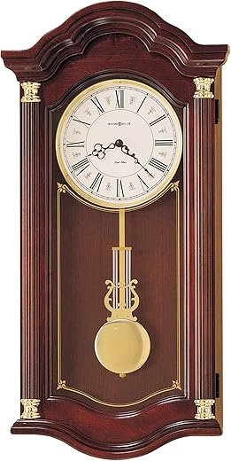 Howard Miller Lambourn I Wall Clock – Wooden Wall Clock Reeded Columns Serpentine Hands Brass Lyre Pendulum & Dual Chime Quartz Movement Wall Decor with Westminster Or Ave Maria Chimes