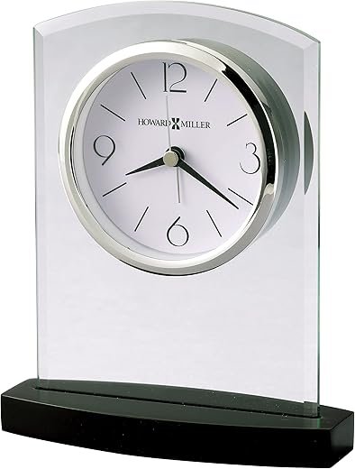 Howard Miller Landre Tabletop Clock โ Beveled Glass Arch Alarm Clock Quiet Sweep Second Hand Black Wooden Base Battery Operated Quartz Movement Ideal for Desk Bedroom or Office Dรฉcor