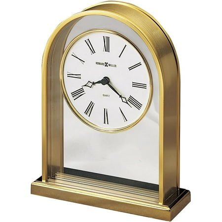 Howard Miller Reminisce Table Clock, Brass Finished Soft Ticking Alarm Clocks, Quartz Movement Analog Dial Black Traditional Roman Numerals Acrylic Crystal for Kitchen, Bathroom & Office