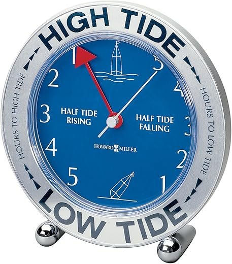 Howard Miller Tide Mate III Tabletop Clock - Battery Operated Analog Desk Clock with Tide Indicator, Quartz Movement, Silver-Tone Case, Decorative Tabletop Timepiece for Home, Office, Shelf, or Boat