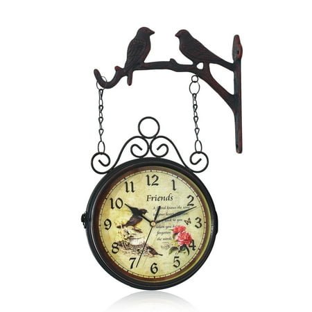 HUONA Double Sided Station Clock Circular Wall Clock Vintage Hanging Clock Metal Wall Clock Silent Numbers Station Clock for Cafe Library Study Room Restaurant Home Wall Decoration