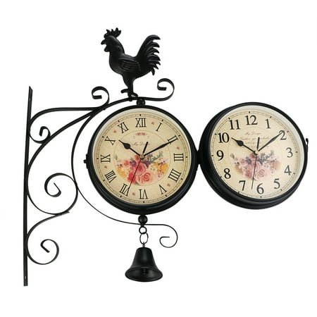 HUONA Double Sided Station Clock Circular Wall Clock Vintage Hanging Clock Metal Wall Clock Silent Station Clock for Cafe Library Study Room Street Outdoor and Indoor Decoration Black