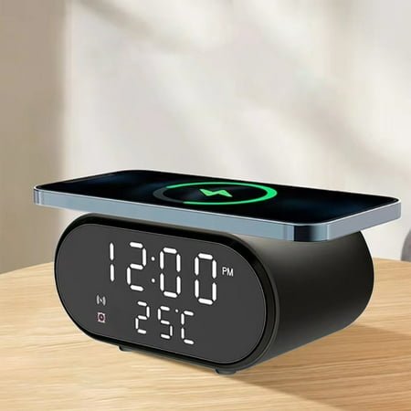 HWRETIE Wireless Charging Station with Digital Alarm Clock Charging Station for Multiple Devices 15W Wireless Charger Stand Ios & Android Alarm Clock for Heavy Sleepers Clock for Bedroom