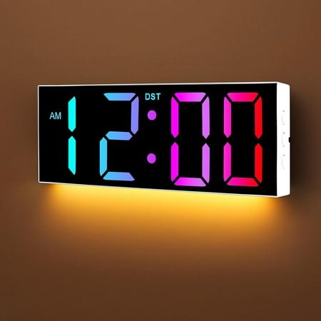 HYKE 12 Large Digital Wall Clock with Remote Control, Corded RGB LED Clock with Full Screen Display, Big Numbers, for Classroom, Living Room, Elderly, Wall Mounted, DST, White