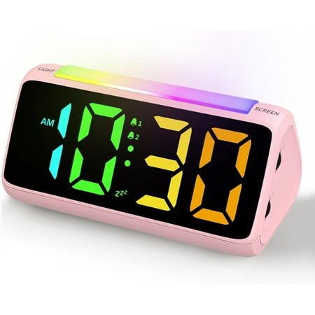 HYKE Digital Alarm Clocks for Bedrooms, Bedside Clocks with RGB Night Light, Rainbow Time, Large Display, Dual Alarm, e, LED Desk Dimmable Alarm Clock for Kids Teens Pink
