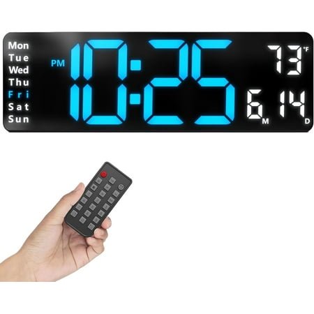 HYKE Opis Clock 1 XL -Blue: Large LED Digital Wall Clock with Temp, Date, Timer, Remote | Big Display Clock for m/Home