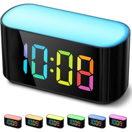 HYKE Rainbow Digital Alarm Clock for Bedroom, Large Display with Dimmer, Large Night Light with 7 Colors, Colorful Clock with Dual Alarm