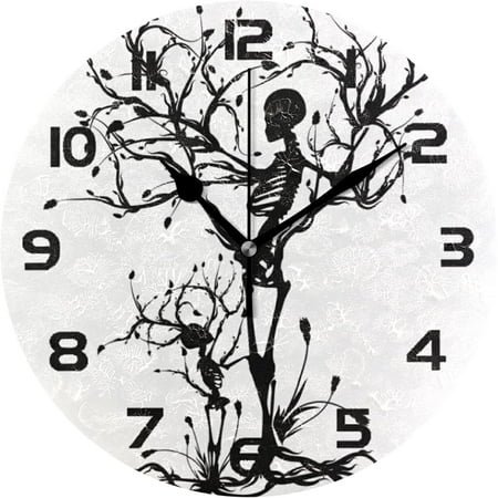 HYKE Skull Skeleton Tree Wall Clock Silent Non-Tic,Halloween Gothic 9.5 Inch Round Wall Clock Battery Operated Clock Decor for Home Wall Bathroom Kitchen Bedroom Living Room Ofce Classroom Patio