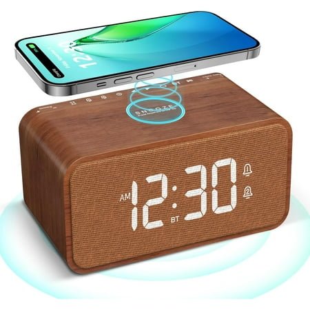 HYKE Wooden Alarm Clock for Bedroom, Bluetooth Speaker with FM Radio, Wireless Charging Station for iPhone/, Dual Ala, 0-100% Dimmer, Sp Timer, Digital LED Clock for Desk, Ofce