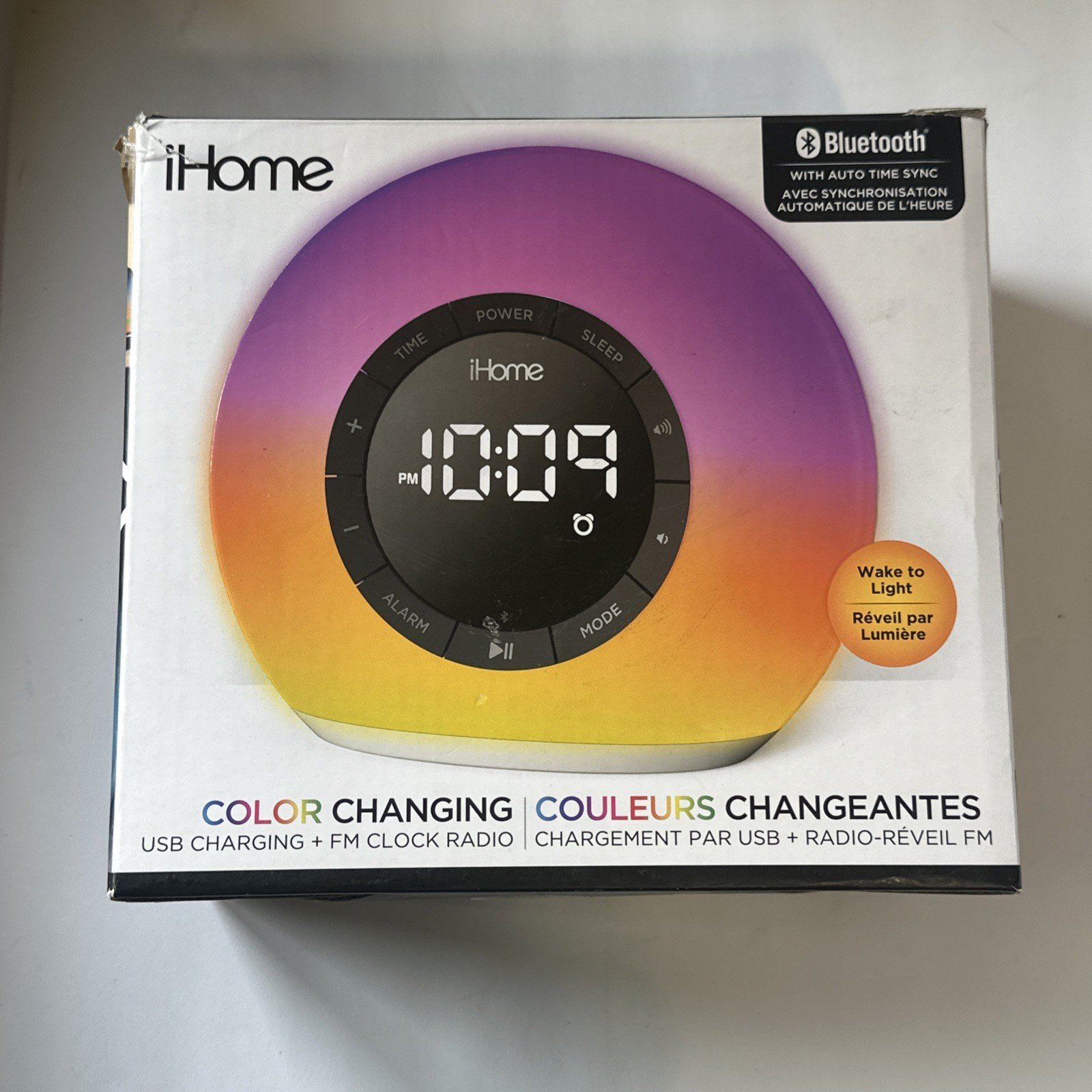 iHome Sunrise Alarm Clock Radio w Bluetooth Speaker Color Changing Lamp Tested