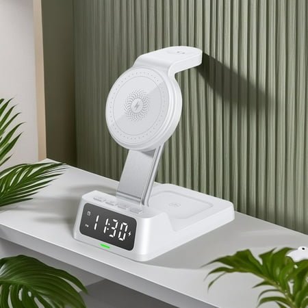 Ikohbadg 4-in-1 Wireless Charging Station with Alarm Clock Fast 15W Wireless Charger Stand for iOS and Android Multi-Device Charging Dock with Digital Alarm Clock