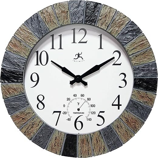 Infinity Instruments 13 inch Outdoor Wall Clock Faux Slate with Built-in Thermometer Combo Waterproof Large Outdoor Clock for Patios Weatherproof Battery Operated Quartz Movement