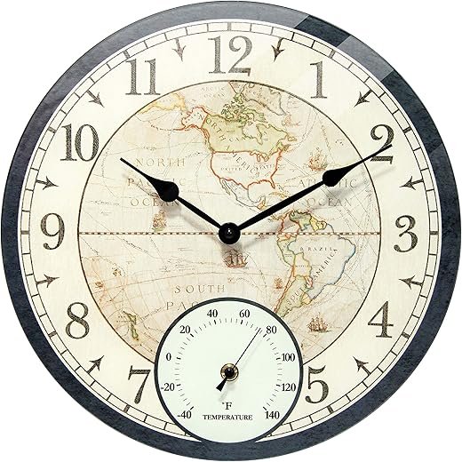 Infinity Instruments Orbis Indoor Outdoor Wall Clock and Thermometer, Traditional World Map Face with Modern Tempered Glass Design, 14 inch, Black