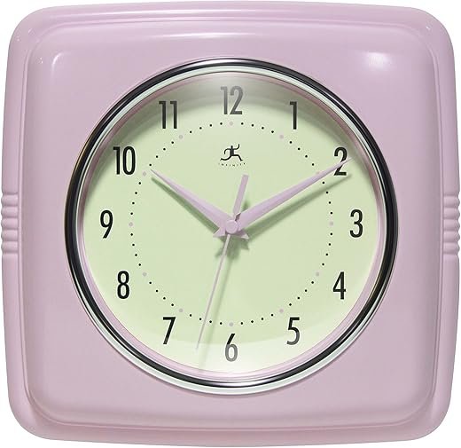 Infinity Instruments Square Retro Wall Clock, Pastel Pink, 9.25
