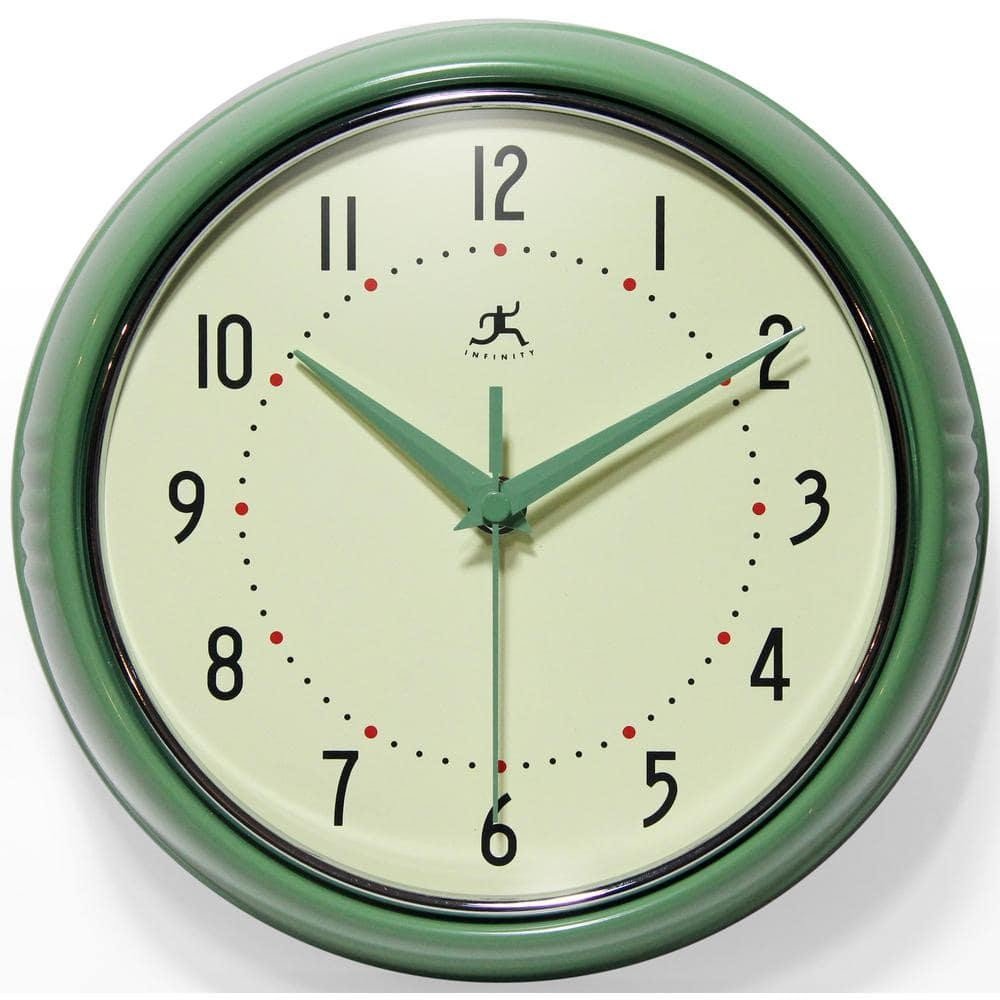 Infinity Instruments Wall Clock Retro 9.5" Round Green Glass Face Silent Quartz