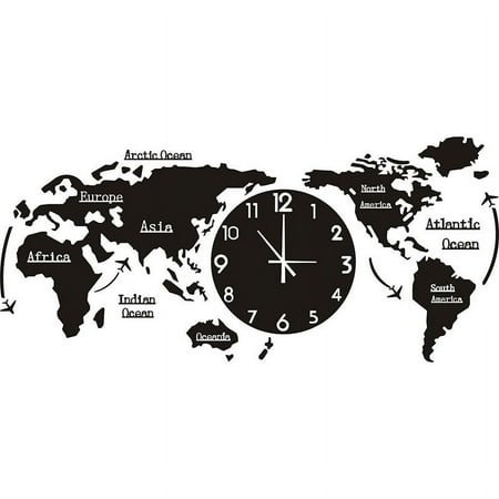 ionze Appliances World Map Wall Clock Home Bedroom Wall Personality Wall Clock Clock (Black)