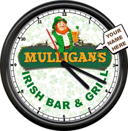 Irish Bar Pub & Grill Diner Mulligan Etc. Personalized Your Name Sign Wall Clock