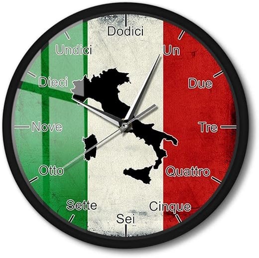 Italian Language Smart Metal Frame Wall Clock, Silent Battery Operated Non-ticking Italy Flag with Map Patriotic Home Decor Modern Design Sound Activated Wall Clock with Aluminum Frame for Bedroom