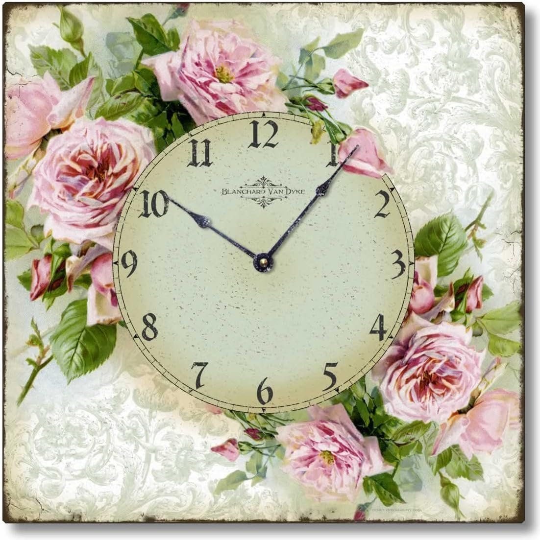 Item C6120 Vintage Style 10.5 Inch x 10.5 Inch Romantic Shabby Roses Clock